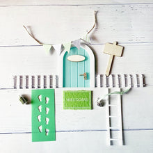 Load image into Gallery viewer, Mini Fairy door Hand Made Cute pink Mouse hole, miniature wooden door with bunting and personalised sign post

