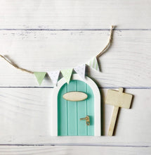 Load image into Gallery viewer, Mini Fairy door Hand Made Cute pink Mouse hole, miniature wooden door with bunting and personalised sign post
